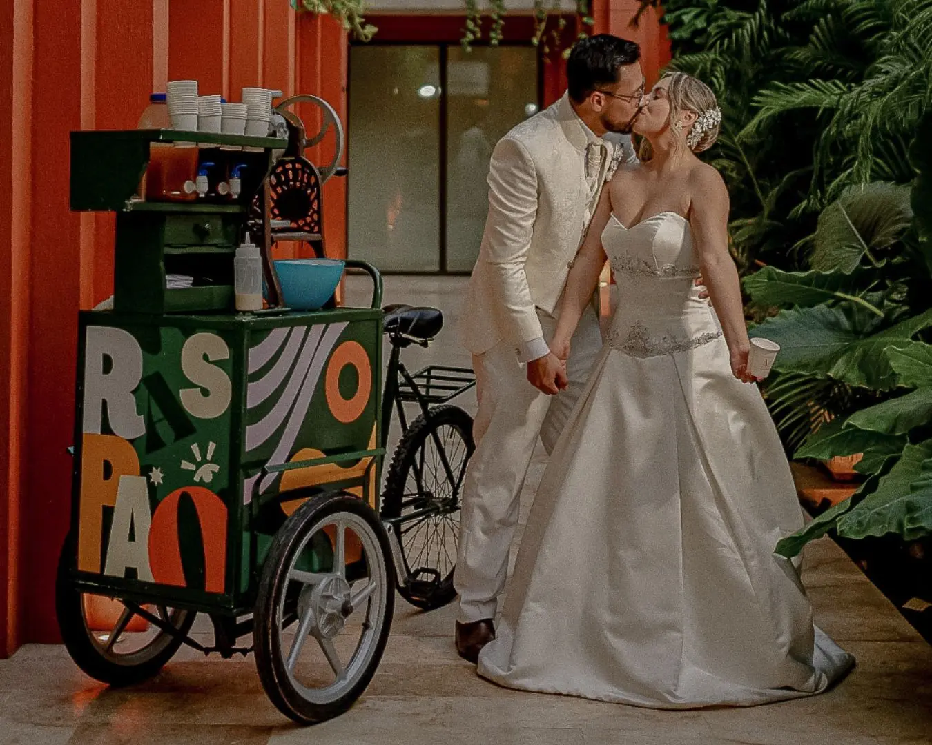 Just married couple kissing at OSH Hotel Cartagena wedding