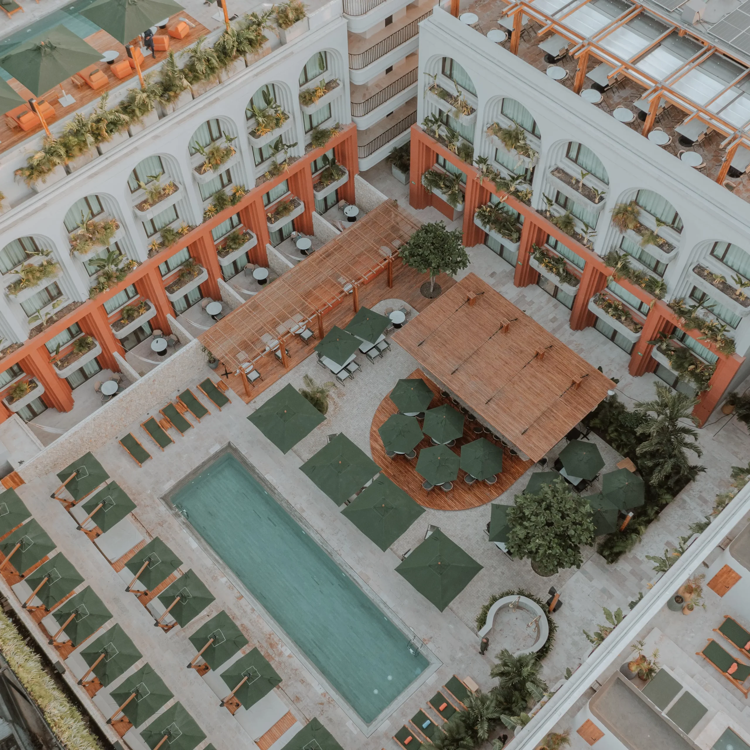 Aerial view of central courtyard with pool and yard at OSH Hotel Cartagena